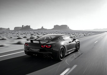 Black Sports Car Racing on Desert Highway with Motion Blur Under Clear Blue Sky and Warm Sunlight Reflections