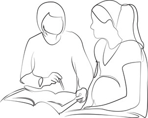 One continuous line drawing on white isolated background. Minimalism linear illustration. woman, doctor, care, pregnant, obstetrician, hospital, patient, medicine, talking, female