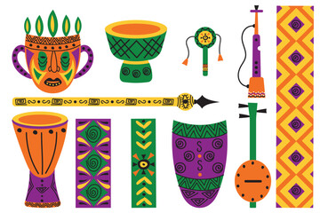 Set of African cultural elements. Vector of tambourine, pipe, drum, mask, spear, shield