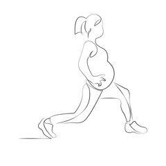 One continuous line drawing on white isolated background. Minimalism linear illustration. woman, person, pregnant, yoga, sport, lunge, exercise, fitness, mother, belly