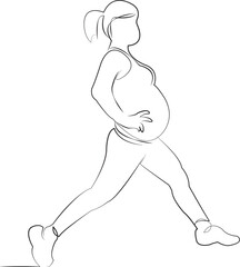 One continuous line drawing on white isolated background. Minimalism linear illustration. sport, woman, exercise, pregnant, lifestyle, fitness, belly, person, young, healthy