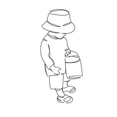 One continuous single drawing line art flat doodle bucket, boy, playing, sand, toy, summer, little, childhood. Isolated image hand draw contour on a white background, hand drawn, not AI