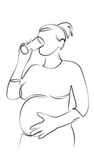 One continuous line drawing on white isolated background. Minimalism linear illustration. person, drinking, pregnant, lifestyle, water, woman, mother, adult, indoor, drink