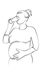 One continuous line drawing on white isolated background. Minimalism linear illustration. person, drinking, pregnant, lifestyle, water, woman, mother, adult, indoor, drink
