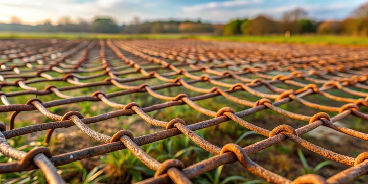 Rustic Wire Mesh Grid in a Verdant Field at Sunset A Detailed Close-Up