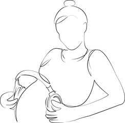 One continuous line drawing on white isolated background. Minimalism linear illustration. person, mother, music, pregnant, listening, woman, adult, indoor, stomach, care