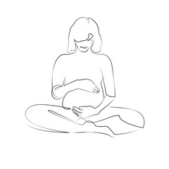 One continuous line drawing on white isolated background. Minimalism linear illustration. woman, pregnant, yoga, person, mother, lifestyle, pregnancy, smiling, care, adult