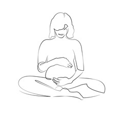 One continuous line drawing on white isolated background. Minimalism linear illustration. woman, pregnant, yoga, person, mother, lifestyle, pregnancy, smiling, care, adult