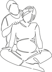 One continuous single drawing line art flat doodle mother, husband, pregnancy, shoulder, wife, belly, massaging. Isolated image hand draw contour on a white background, hand drawn, not AI