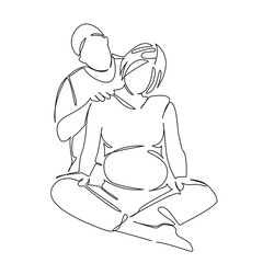 One continuous single drawing line art flat doodle mother, husband, pregnancy, shoulder, wife, belly, massaging. Isolated image hand draw contour on a white background, hand drawn, not AI