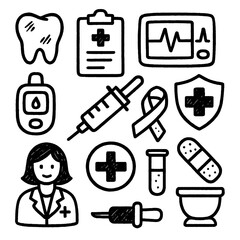 Healthcare and Human Rights Icons – Hand Drawn Marker Style with Transparent Background