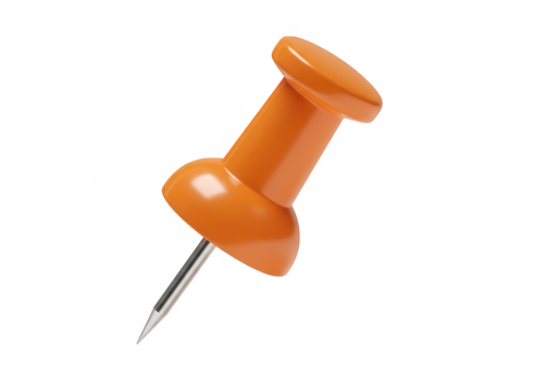 A single orange pushpin with a metal needle is isolated on transparent background