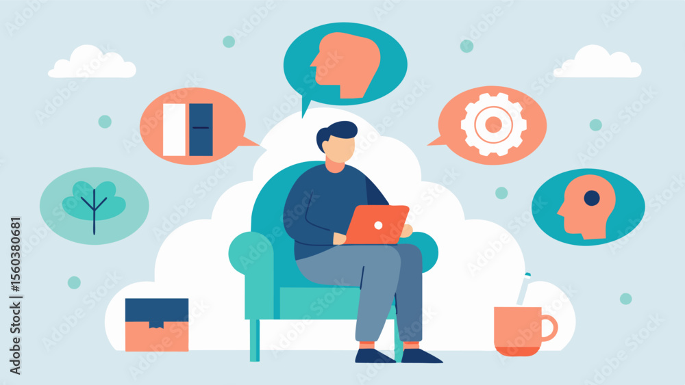 Poster a person sitting in a chair surrounded by objects from their past with a glimpse of their brain on t