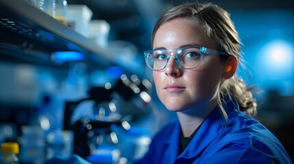 Young woman scientist with glasses working in a modern laboratory during late evening hours