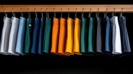Garment factory, Finished pants on hangers in a production line undergoing final inspection before shipment.