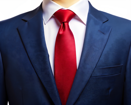 Close up of a man wearing a navy blue textured suit with a crisp white shirt and a vibrant red silk tie isolated on a transparent background