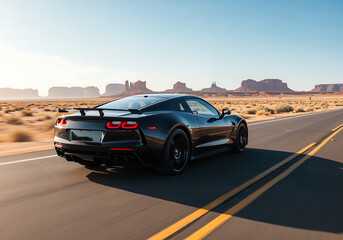 Black Sports Car Racing on Desert Highway with Motion Blur Under Clear Blue Sky and Warm Sunlight Reflections