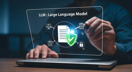 A professional interacts with a futuristic LLM interface, emphasizing data security and compliance
