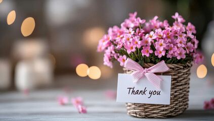 Pink flowers arranged in a small wicker basket with a thank you card and pink ribbon, expressing gratitude against a blurred green background