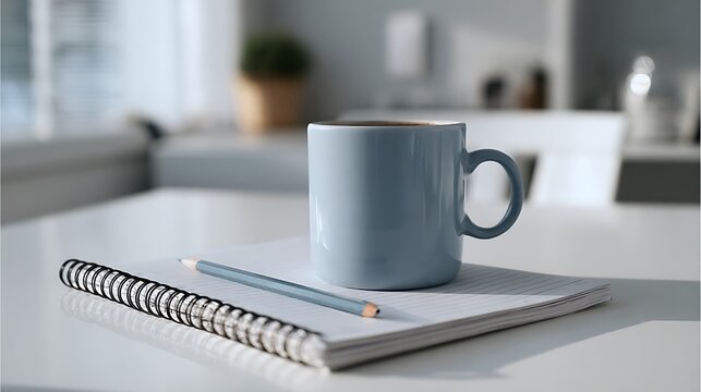 Minimalist workspace setup with open notebook, pencil, and coffee cup on clean white desk, symbolizing creativity, organization, and peaceful remote work environment in modern lifestyle