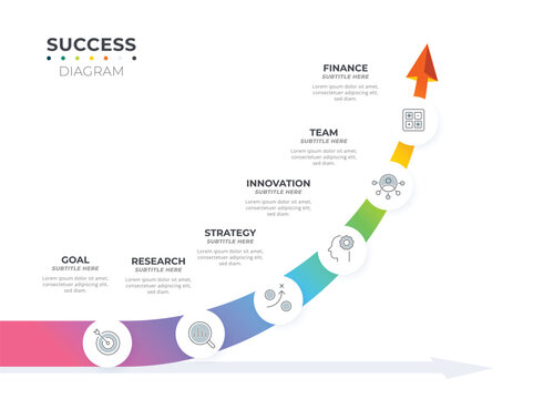 Vector infographic arrow template with 6 steps. Business growth concept. Can be used for web design, timeline, diagram, chart, graph, business presentation.