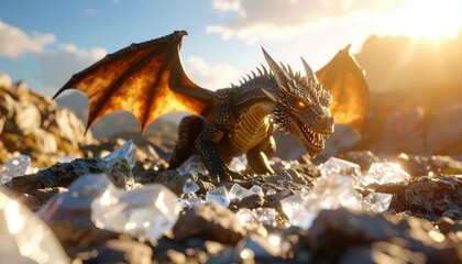 Obraz premium Dragon Guarding Treasures Among Crystal Artifacts in Volcanic Crater