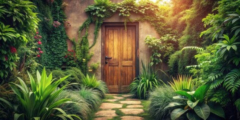 Secret Garden Entrance Wooden Door Framed by Lush Greenery and Stone Path