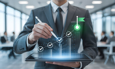 Strategic business planning visualized on a futuristic tablet, guiding the path to success.