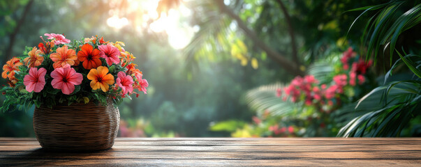 Colorful petunia flowers blooming in a wicker basket on a wooden table with a blurred garden background