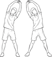 Line art illustration of a person performing side bends, demonstrating flexibility and warm-up exercises.