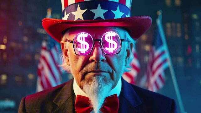 Uncle Sam with $ sign eyes and American flags in the background