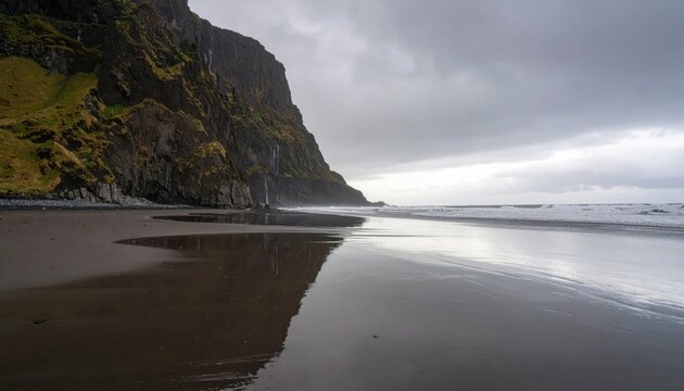 Serene Coastal Cliff with Reflective Puddles at Grey Seashore - Powered by Adobe
