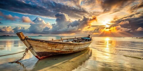 Serene Sunset Over Calm Ocean Waters With Weathered Wooden Rowboat Anchored on Sandy Shore