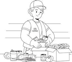 a black and white line art illustration depicting a bustling scene within a food bank, focusing on a volunteer sorting donations