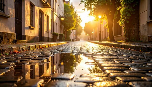 Serene Dripping Cobblestone Alley with Reflective Puddles at Sunset