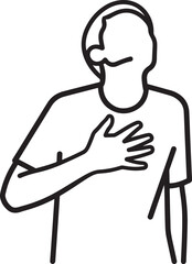 a minimalist black and white line art illustration of a person with their hand on their chest, looking upwards