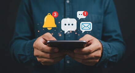 Person holding smartphone with notification icons floating above yellow bell three unread messages email symbol dark