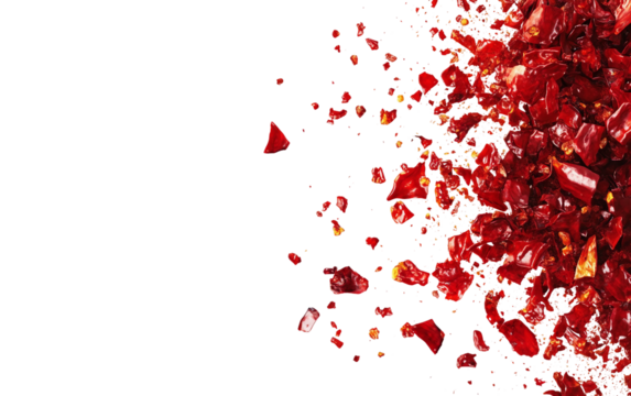 Crushed red pepper flakes scattered loosely in small vibrant pieces showcasing rich spice texture isolated on transparent background PNG