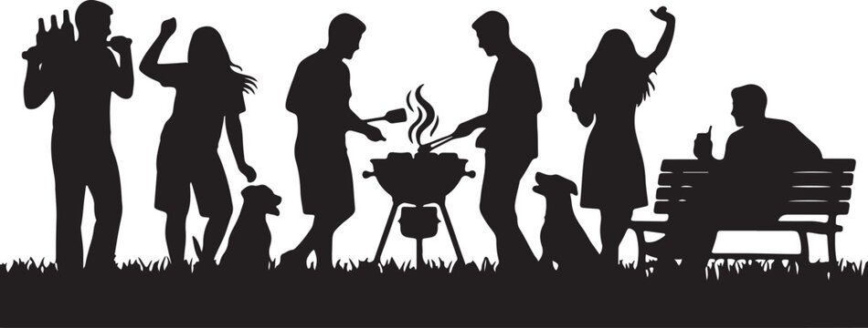 People enjoying outdoor barbecue party with dogs and drinks grilling