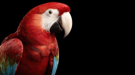 Close-up view of a vibrant red macaw amidst a lush tropical setting, showcasing intricate feather details and an expressive gaze