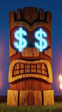 vertical 9:16 Tiki statue with glowing $ sign eyes, surrounded by animated torches