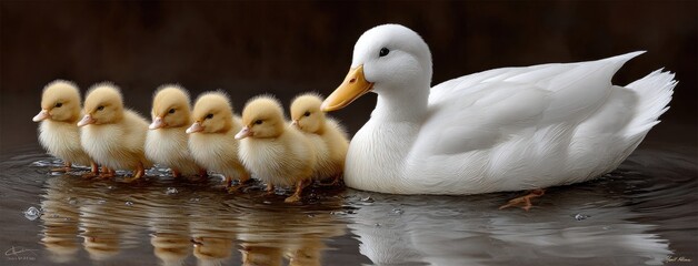 A white duck carries her four adorable yellow ducklings on her back while nestled among vibrant green grass in serene surroundings
