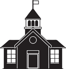 Vintage Schoolhouse Drawing Showing Bell Tower, Flag, and Windows in Black and White