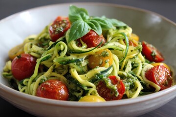 Zoodles Zucchini Nudeln mit Pesto Low Carb Pasta Tomaten Basilikum gesundes Mittagessen vegane Zucchininudeln Spiralnudeln kalorienarm Keto Gericht Gemüse Spaghetti leichtes Sommergericht Fit Food