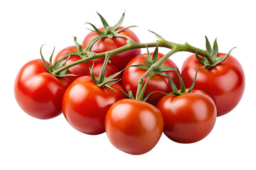 Cluster of ripe red tomatoes with green stems and leaves isolated on a transparent background vine