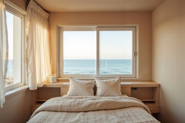 Serene ocean view bedroom. A calm bedroom with a large window overlooking the tranquil sea. Minimalist interior design for a peaceful getaway and vacation.
