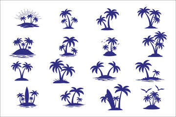 This set of twelve silhouettes showcases tropical islands with palm trees.