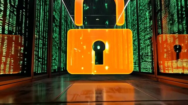 Secure server room interior with glowing padlock symbols.