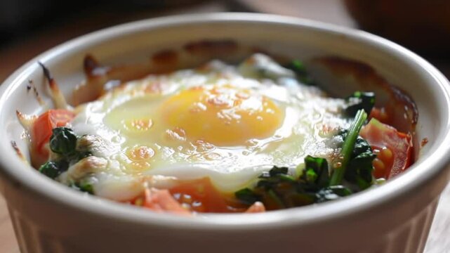 Baked egg recipe ramekin with spinach and tomato for a healthy breakfast or brunch idea video 4k