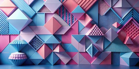 Abstract Geometric Wall of Interlocking Polygons and Pyramidal Forms in Pastel Hues